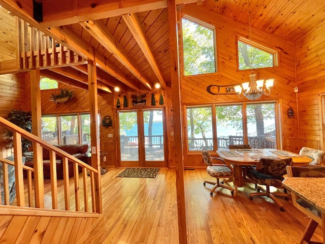 29724 387th St, Waubun, MN 56589 - dining space with wooden walls, healthy amount of natural light, wood-type flooring, a chandelier, and vaulted ceiling