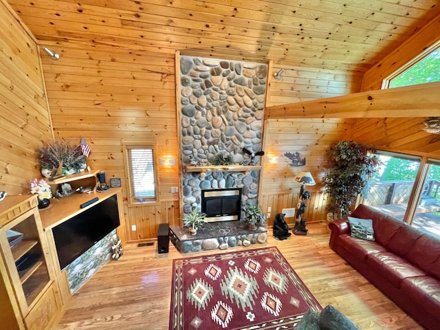 29724 387th St, Waubun, MN 56589 - living room with a fireplace, wooden walls, wood finished floors, and wooden ceiling
