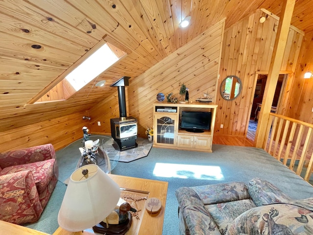 29724 387th St, Waubun, MN 56589 - carpeted living area with a skylight, wooden ceiling, wooden walls, and vaulted ceiling