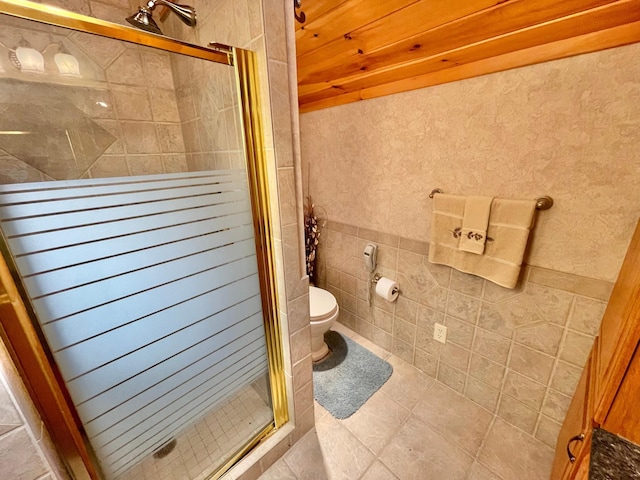 29724 387th St, Waubun, MN 56589 - bathroom with a shower stall, toilet, tile patterned floors, and tile walls
