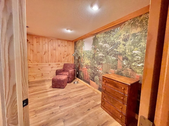 29724 387th St, Waubun, MN 56589 - living area featuring wood finished floors, wooden walls, a textured ceiling, and recessed lighting