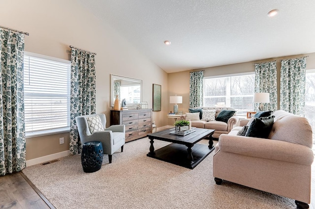 living room featuring high vaulted ceiling, light hardwood / wood-style floors, and a textured ceiling