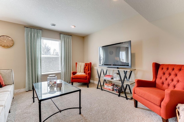 carpeted living room featuring a textured ceiling