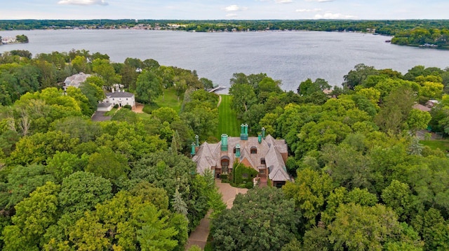 drone / aerial view featuring a water view