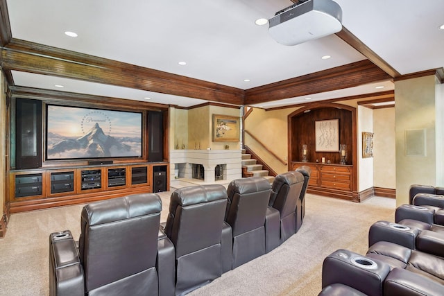 17950 Breezy Point Rd, Woodland, MN 55391 - cinema featuring light carpet, recessed lighting, ornamental molding, and baseboards