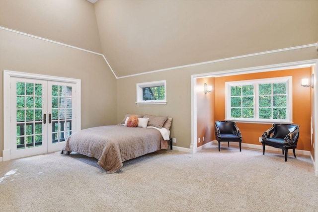 17950 Breezy Point Rd, Woodland, MN 55391 - carpeted bedroom with access to exterior, multiple windows, french doors, crown molding, and vaulted ceiling