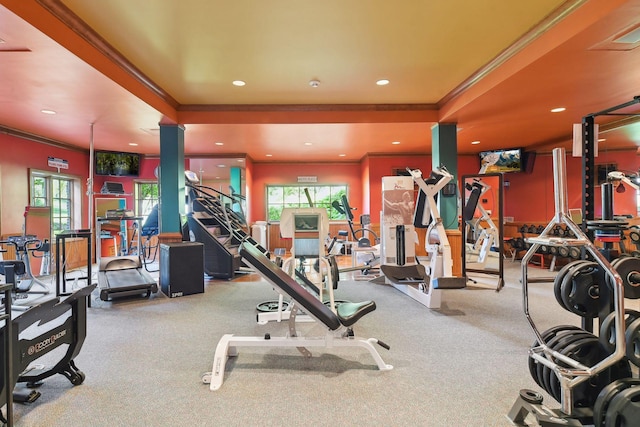 17950 Breezy Point Rd, Woodland, MN 55391 - workout area with crown molding, carpet floors, plenty of natural light, and recessed lighting