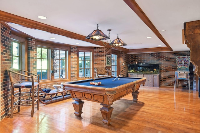 17950 Breezy Point Rd, Woodland, MN 55391 - recreation room featuring brick wall, light wood-style floors, billiards table, and recessed lighting