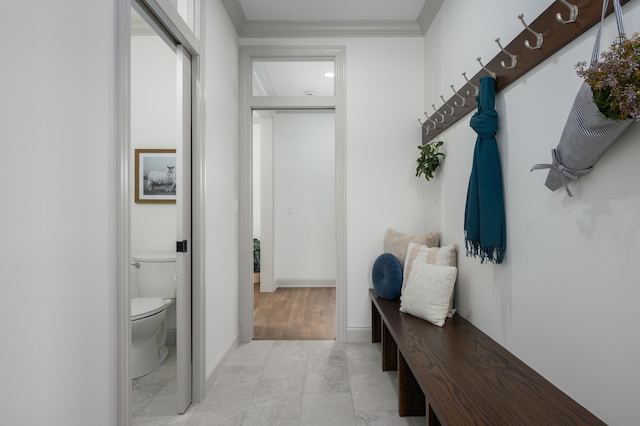 mudroom featuring ornamental molding