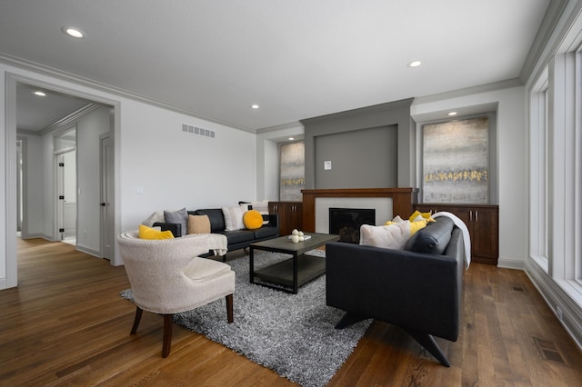 living room featuring dark wood-type flooring, ornamental molding, and a fireplace