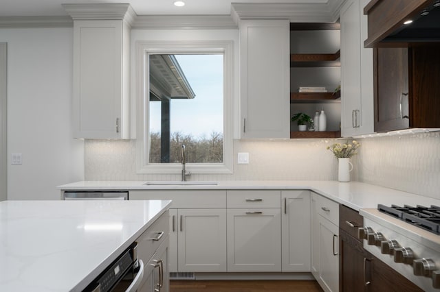 kitchen with sink, appliances with stainless steel finishes, light stone counters, white cabinets, and custom exhaust hood