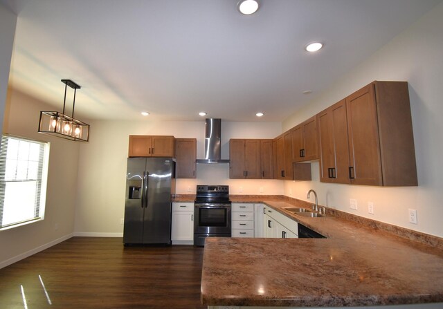 kitchen featuring stainless steel fridge with ice dispenser, electric range, dark wood-type flooring, wall chimney exhaust hood, and sink