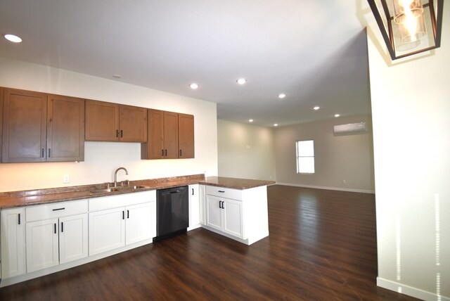 kitchen featuring sink, black dishwasher, white cabinetry, and dark hardwood / wood-style flooring