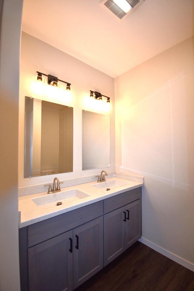 bathroom featuring dual vanity and wood-type flooring