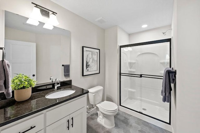 full bath featuring visible vents, a shower stall, toilet, and vanity