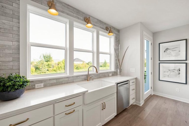 kitchen featuring light wood finished floors, light countertops, stainless steel dishwasher, white cabinetry, and a sink