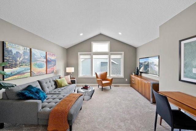 living room with lofted ceiling, carpet, baseboards, and a textured ceiling