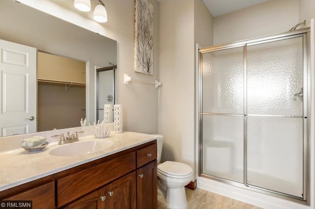 bathroom with toilet, an enclosed shower, and vanity with extensive cabinet space