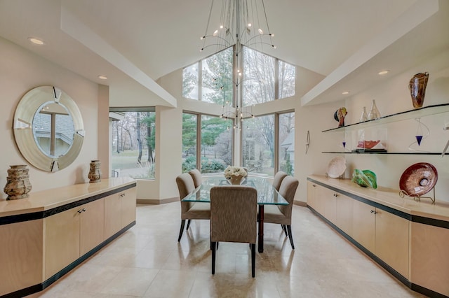 1 Capaul Woods Ct, North Oaks, MN 55127 - dining room featuring a chandelier, recessed lighting, light tile patterned flooring, and high vaulted ceiling