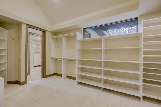 walk in closet featuring carpet floors and lofted ceiling