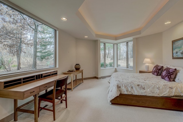 bedroom with a raised ceiling and light carpet