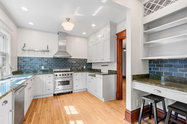 kitchen featuring stainless steel appliances, decorative backsplash, white cabinets, extractor fan, and sink