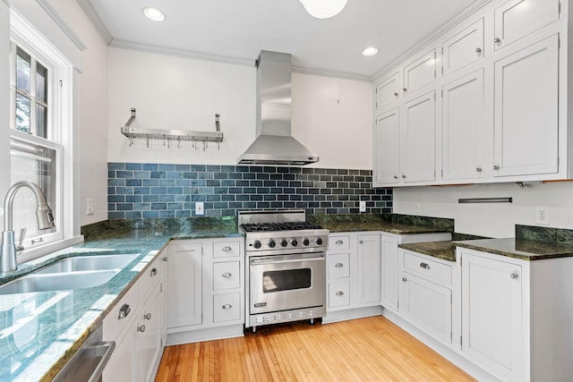 kitchen featuring stainless steel appliances, white cabinets, and ventilation hood