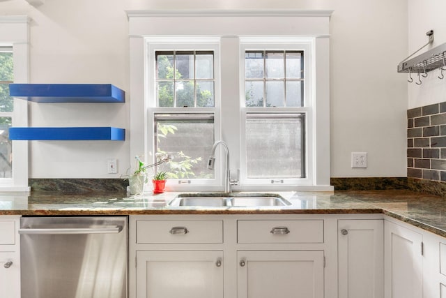 kitchen featuring white cabinets, stainless steel dishwasher, a healthy amount of sunlight, and sink