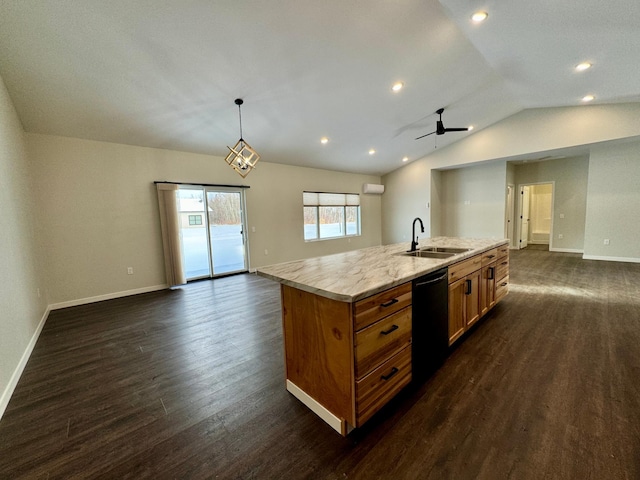 kitchen with an island with sink, dishwasher, vaulted ceiling, pendant lighting, and sink