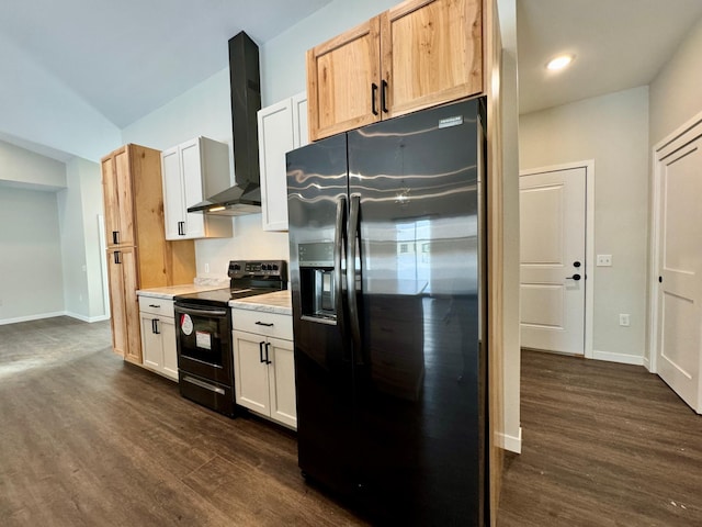 kitchen featuring white cabinetry, refrigerator with ice dispenser, electric range, dark wood-type flooring, and wall chimney range hood