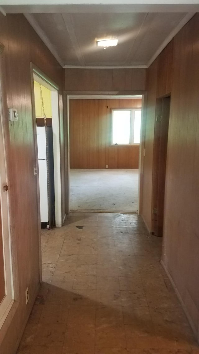 hallway with crown molding and wooden walls