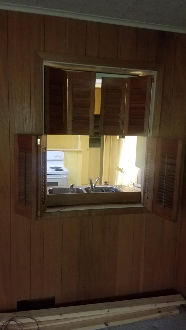 interior space featuring wood walls and sink