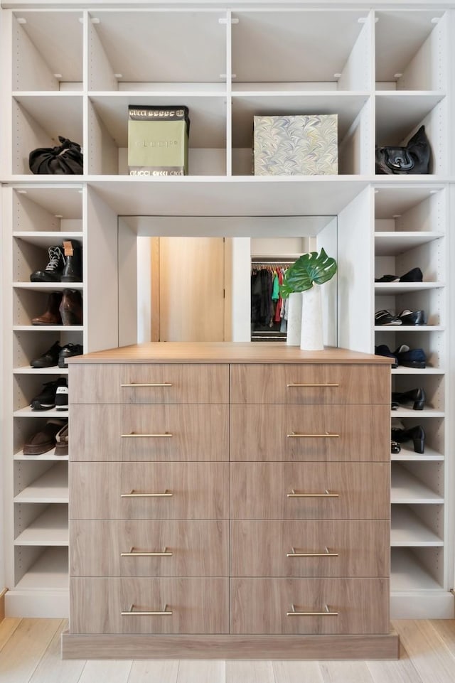 spacious closet with light hardwood / wood-style floors