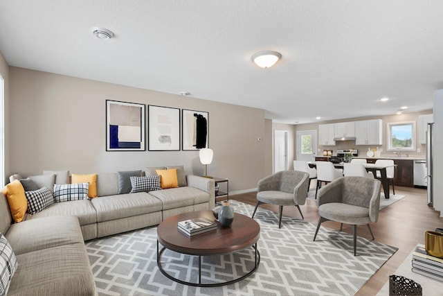 living room featuring a textured ceiling, light wood-type flooring, and sink