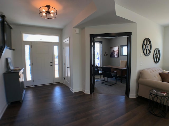 foyer entrance featuring a notable chandelier, dark hardwood / wood-style floors, and a healthy amount of sunlight