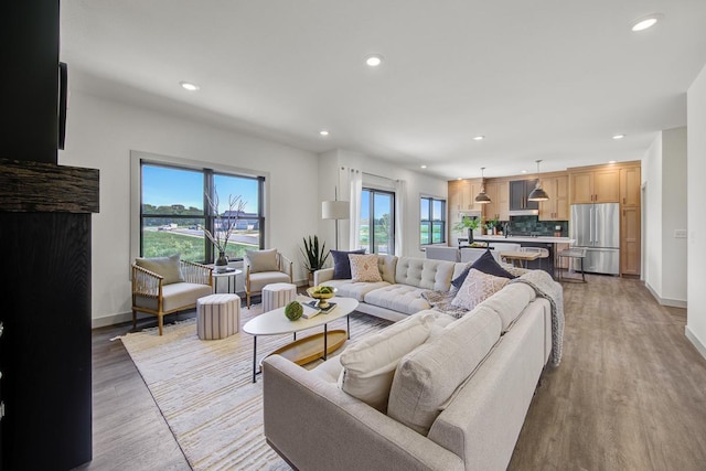 living room with light hardwood / wood-style flooring