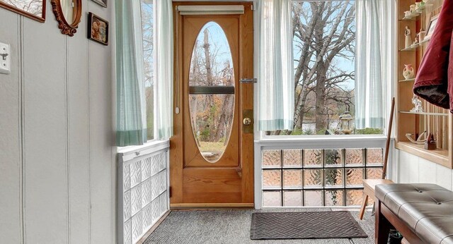 doorway with carpet floors and plenty of natural light