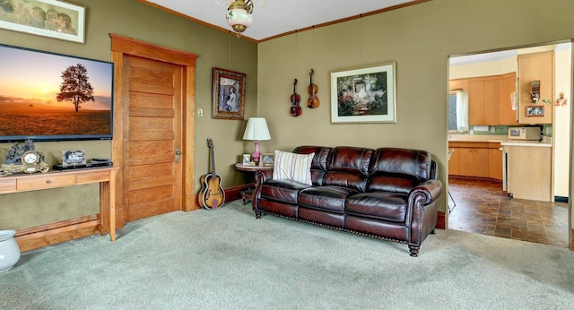 living room with dark colored carpet and crown molding