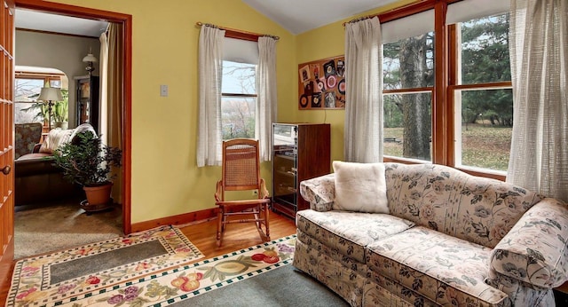 living area with hardwood / wood-style floors, plenty of natural light, and lofted ceiling