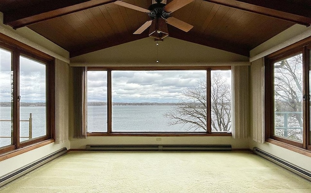 unfurnished sunroom with a baseboard radiator, ceiling fan, lofted ceiling, and a water view