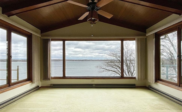17850 Cedar Park Loop, Fergus Falls, MN 56537 - unfurnished sunroom with a baseboard heating unit, carpet, baseboard heating, a water view, and wood ceiling