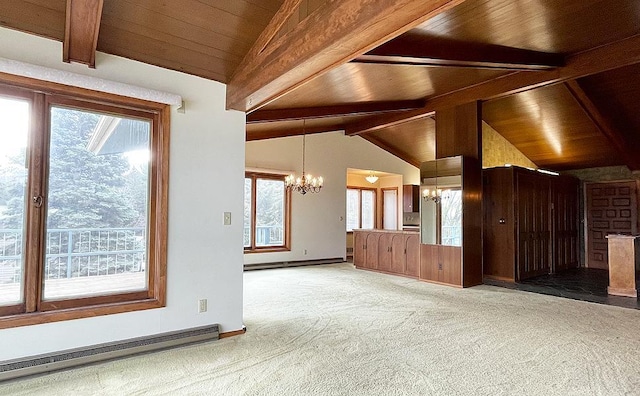 interior space with an inviting chandelier, lofted ceiling with beams, a baseboard heating unit, and wooden ceiling