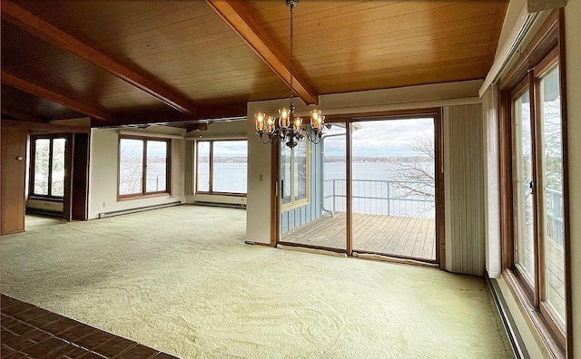 unfurnished sunroom featuring a chandelier, a water view, wood ceiling, and lofted ceiling with beams