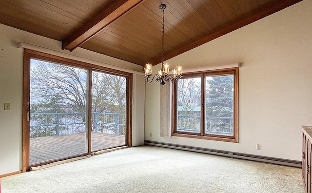 carpeted empty room with vaulted ceiling with beams, wooden ceiling, a notable chandelier, and a baseboard heating unit