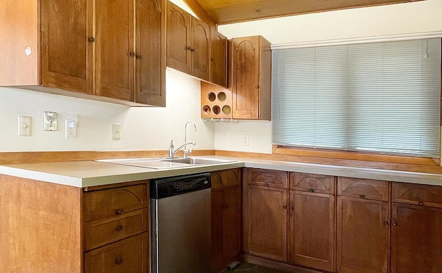 17850 Cedar Park Loop, Fergus Falls, MN 56537 - kitchen featuring stainless steel dishwasher, light countertops, a sink, and brown cabinets
