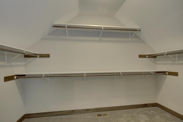 spacious closet featuring vaulted ceiling and carpet floors