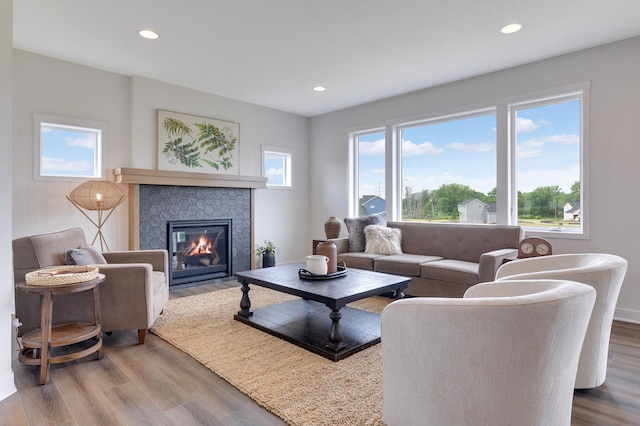 living room featuring hardwood / wood-style flooring and a tile fireplace