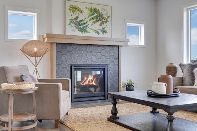 sitting room with a stone fireplace, hardwood / wood-style floors, and a wealth of natural light