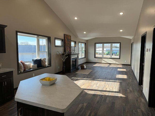 interior space featuring a fireplace, high vaulted ceiling, and dark hardwood / wood-style flooring