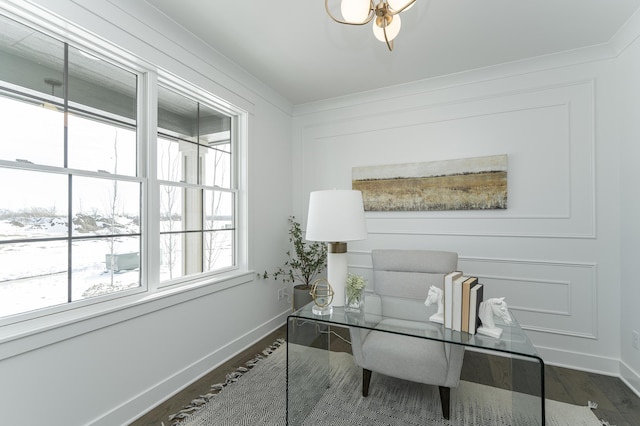 office area with baseboards and dark wood-type flooring